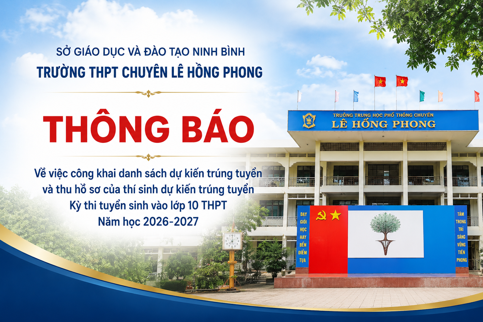 THÔNG BÁO THU HỒ SƠ CỦA THÍ SINH DỰ KIẾN TRÚNG TUYỂN - KỲ THI TUYỂN SINH VÀO LỚP 10 THPT NĂM HỌC 2026-2027